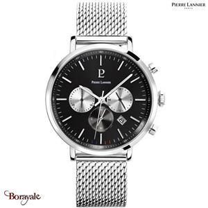 Montre PIERRE LANNIER Collection BARON Cadran Noir Bracelet Acier Milanais Argent