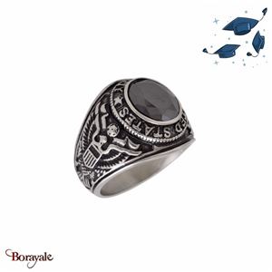 Bague Universitaire américaine United States Army noire en acier inoxydable Tail