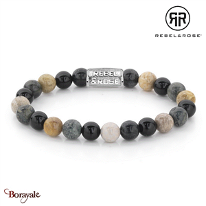 Bracelet Rebel & Rose 8 mm Rhyolite, Chrysanthemum, agate noir