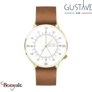 Montre 12H Louis, GUSTAVE & cie Or, cadran Blanc Bracelet Cuir Marron