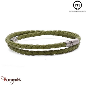 Bracelet PPJ Cuir tressé Double tour Vert Cactus Taille XL