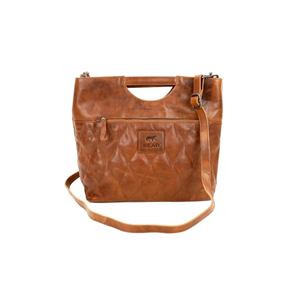 Sac à main Bear Design en Cuir de vachette grainé surpiqué bombé Cognac foncé