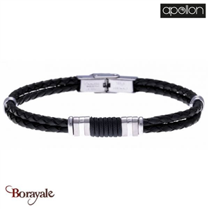 Bracelet Acier et cuir italien noir, Collection: homme APOLLON