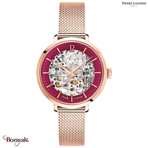 Montre PIERRE LANNIER Collection AUTOMATIC Cadran Framboise Bracelet Acier Doré-