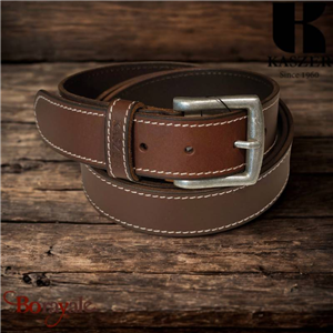 Ceinture KASZER Indiana en cuir de buffle pleine fleur marron foncé couture blan