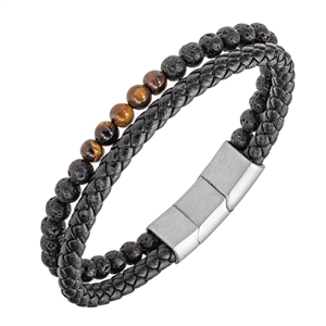 Bracelet Acier, cuir et Œil tigre, pierre de lave All Blacks acier et cuir