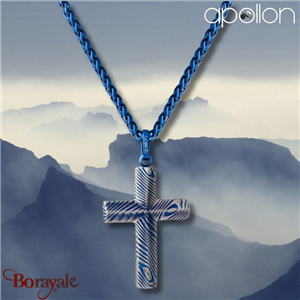 Collier  croix Acier façon damas bleu, Collection: homme APOLLON