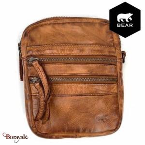 Besace Bear Design en Cuir de vachette lavé Cognac