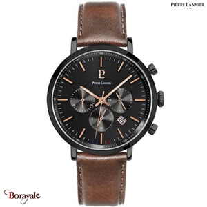 Montre PIERRE LANNIER Collection BARON Cadran Noir Bracelet Cuir Brun Homme