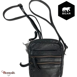 Besace Bear Design en Cuir de vachette lavé Noir Collection : Lavato