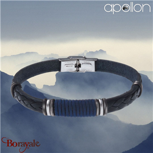 Bracelet homme Apollon, acier et cuir italien bleu nuit