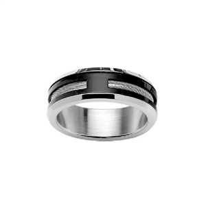 Bague Thabora homme acier et bois argenté et noir T163319-60
