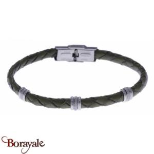 Bracelet Acier et cuir tressé italien vert militaire, Collection: homme APOLLON