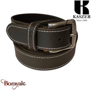 Ceinture Kaszer Indiana en cuir de buffle pleine fleur noir, couture blanche