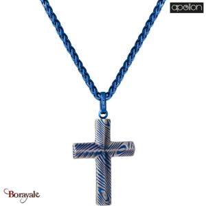 Collier  croix Acier façon damas bleu, Collection: homme APOLLON