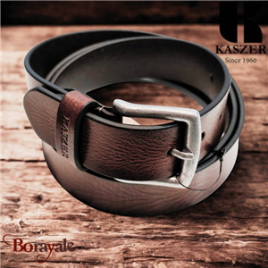 Ceinture KASZER Indiana en cuir de buffle pleine fleur cognac griffé noir - 5775