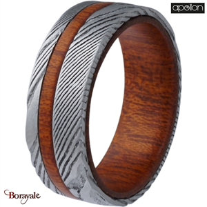 Bague  Acier façon damas et bois, Collection: homme APOLLON Taille 62