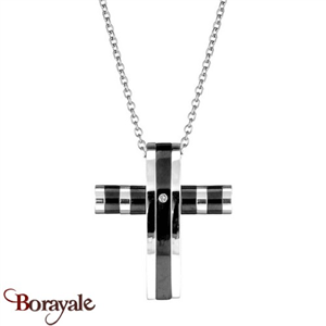 Collier THABORA pendentif croix noire et acier sur chaîne homme T135320