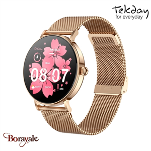 Montre TEKDAY Ronde connectée New 2025 unisexe boîtier rose doré, milanais rose
