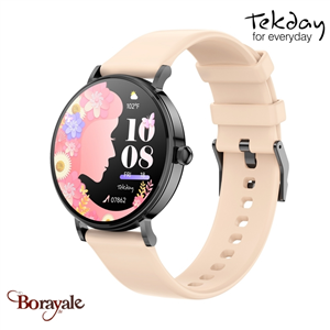 Montre TEKDAY Ronde connectée New 2025 unisexe boîtier argent, silicone rose 656