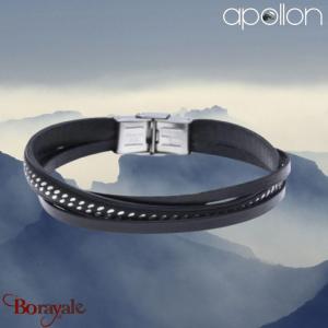 Bracelet Acier et cuir italien noir, Collection: cuir et acier APOLLON