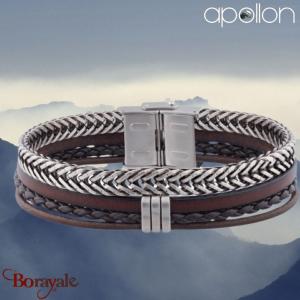Bracelet homme Apollon, acier et cuir italien marron Longueur 21,5 cm 3  rangs de cuirs, tressé, liss