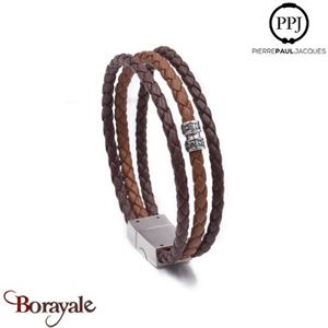 Bracelet PPJ Cuir tressé Manchette 3 rangs Chocolat Taille XL