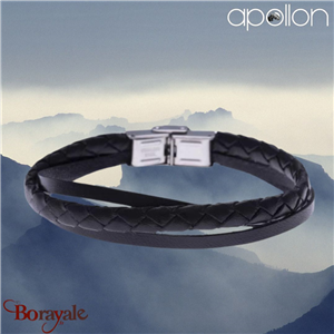 Bracelet cuir italien et cuir tressé italien noir, Collection: cuir et acier APO