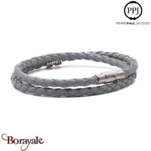 Bracelet Pierre Paul Jacques Cuir tressé Double tour Gris perle BCGP1-M