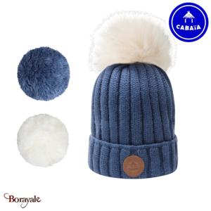 Bonnet + 3 pompons Kir Royal Bleu ciel avec polaire Cabaïa 50% acrylique 50% woo