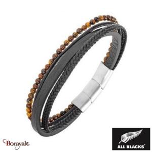 Bracelet Acier, cuir et Œil tigre All Blacks AB-682291