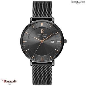 Montre solaire PIERRE LANNIER Collection INTI Hommes cadran Noir Bracelet milana