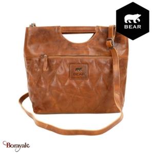 Sac à main Bear Design en Cuir de vachette grainé surpiqué bombé Cognac foncé