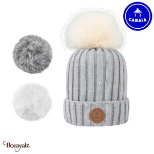 Bonnet + 3 pompons CABAIA Kir Royal avec polaire gris clair