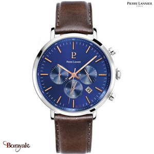 Montre PIERRE LANNIER Collection BARON Cadran Bleu Bracelet Cuir Brun Homme