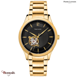 Montre PIERRE LANNIER Collection AUTOMATIC Fleuret cadran noir acier doré automa