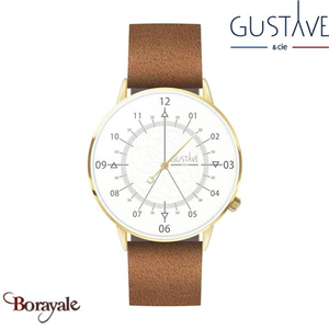 Montre 12H  Louis, GUSTAVE & cie Or, cadran Blanc Bracelet Cuir Marron