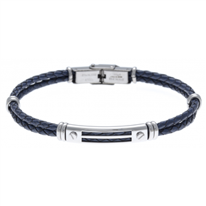 Bracelet  Acier et cuir tressé bleu italien, Collection: homme APOLLON