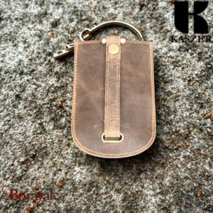 Porte-clé rétractable Kaszer Oregon en cuir de vachette pleine fleur marron