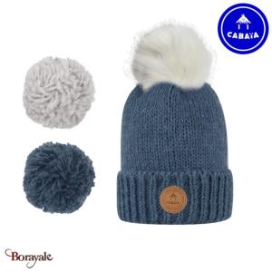 Bonnet + 3 pompons Suissesse bleu avec polaire Cabaia 50% acrylique 50% wool