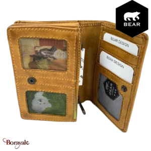 Portefeuille Bear Design en Cuir de vachette lavé Tabac