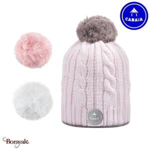 Bonnet + 3 pompons Creamy Gin rose pâle avec polaire Cabaïa 100% acrylique