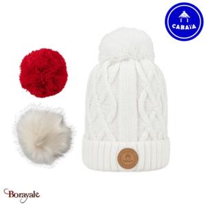 Bonnet + 3 pompons Appletini blanc sans polaire Cabaïa 100% acrylique