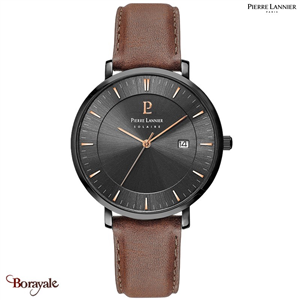 Montre solaire PIERRE LANNIER Collection INTI Hommes cadran noir Bracelet cuir b