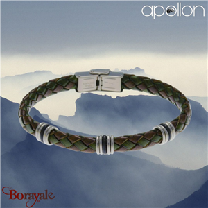 Bracelet Acier et cuir tressé marron et vert militaire italien, Collection: homm