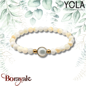 Bracelet billes nacre blanche et cabochon acier doré et nacre blanche, Collectio