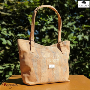 Sac épaule - cabas 32 cm en liège , série: Mappemonde, Montado naturel et Mapa M
