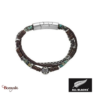 Bracelet Acier, cuir et perles  All Blacks acier et cuir