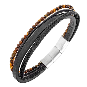 Bracelet Acier, cuir et Œil tigre All Blacks acier et cuir
