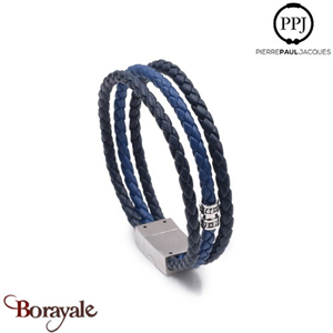 Bracelet PPJ Cuir tressé Manchette 3 rangs Bleu Taille XL